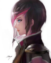 Rule 34 | 1girl, azinqe, black hair, blue eyes, fiora (league of legends), hair over one eye, league of legends, multicolored hair, red hair, short hair, smile, solo