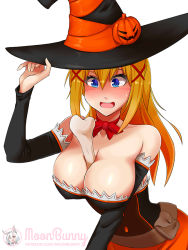 Rule 34 | 1girl, alternate hairstyle, between breasts, blonde hair, blue eyes, blush, bone, breasts, cleavage, costume, darkness (konosuba), hair ornament, halloween, halloween costume, hat, kono subarashii sekai ni shukufuku wo!, large breasts, long hair, moonbunny, open mouth, smile, solo, source request, thick thighs, thighs, witch, witch hat, x hair ornament
