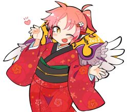 Rule 34 | 1girl, 2023, ahoge, animal ears, bird ears, bird wings, blush, earrings, fang, floral print, heart, highres, ini (inunabe00), japanese clothes, jewelry, kimono, long sleeves, mystia lorelei, obi, one eye closed, open mouth, pink hair, print kimono, red kimono, sash, short hair, single earring, skin fang, smile, solo, touhou, white background, white wings, wide sleeves, wings, yellow eyes