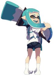 Rule 34 | 1girl, absurdres, aqua hair, ass, bike shorts, black shorts, brown eyes, fangs, full body, highres, holding, holding weapon, inkling, inkling girl, inkling player character, japanese clothes, long hair, looking at viewer, looking back, nintendo, octobrush (splatoon), open mouth, pointy ears, puchiman, shirt, short sleeves, shorts, smile, solo, splatoon (series), splatoon 1, standing, tabi, tentacle hair, twitter username, weapon, white background, white legwear, white shirt