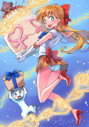 Rule 34 | 1girl, absurdres, aino minako, anklet, artemis (sailor moon), ass, bare legs, birthday cake, bishoujo senshi sailor moon, blue bow, blue eyes, blush, bow, bowtie, cake, candle, cat, circlet, crescent, crescent facial mark, elbow gloves, facial mark, food, full body, gift, gloves, hair bow, happy birthday, high heels, highres, holding, holding cake, holding food, holding gift, isedaichi ken, jewelry, legs, long hair, looking at viewer, miniskirt, open mouth, orange hair, orange sailor collar, orange skirt, panties, pantyshot, pleated skirt, red bow, red footwear, sailor collar, sailor venus, shirt, skirt, smile, thighs, underwear, white cat, white gloves, white panties, white shirt