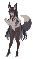 Rule 34 | 1girl, absurdres, animal ear fluff, animal ears, black hair, black pantyhose, blue eyes, breasts, choker, cleavage, fox ears, fox girl, fox tail, hand on own hip, heart, high heels, highleg, highleg leotard, highres, large breasts, leotard, licking lips, looking at viewer, navel, original, pantyhose, skindentation, solo, tail, thighs, tongue, tongue out, v, white background, white leotard, zerocat