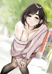 Rule 34 | 1girl, absurdres, bare shoulders, black eyes, black hair, black pantyhose, blurry, blurry background, blush, breasts, brown sweater, cleavage, collarbone, commentary request, day, ganbare douki-chan, hands on own legs, heart, highres, kouhai-chan (douki-chan), large breasts, leaning forward, long sleeves, looking at viewer, mole, mole on breast, mole on cheek, nail polish, no bra, off-shoulder sweater, off shoulder, official art, outdoors, oversized clothes, pantyhose, pupi (rain prophet), red nails, shiny skin, short hair, sleeves past wrists, smile, solo, standing, sweater
