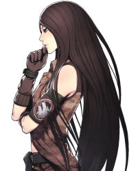 Rule 34 | 1girl, advance wars, advance wars: days of ruin, armband, bare shoulders, brown eyes, brown hair, from side, gloves, hand on own chin, highres, iwai ryou, lin (advance wars), lips, long hair, military, military uniform, nintendo, profile, simple background, solo, thinking, uniform, very long hair, white background, wolf
