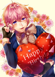 Rule 34 | 1boy, ashu yuuta, b-project, fangs, fingerless gloves, flower, freckles, gloves, happy birthday, highres, male focus, open mouth, pink hair, purple eyes, rukito, smile, solo
