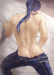 Rule 34 | 1boy, all fours, ass, back, bed sheet, blue hair, commentary request, cowboy shot, cu chulainn (fate), earrings, facing away, fate/stay night, fate (series), from behind, highres, jewelry, cu chulainn (fate/stay night), long hair, male focus, mondi hl, pants, ponytail, topless male, solo, spiked hair