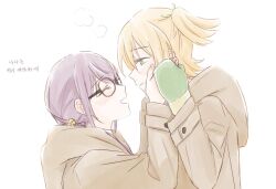 Rule 34 | 2girls, blonde hair, blush, brown coat, closed eyes, closed mouth, coat, commentary, daiba nana, f et, glasses, green eyes, hands on another&#039;s face, hoshimi junna, korean text, long hair, looking at another, mittens, multiple girls, open mouth, purple hair, shoujo kageki revue starlight, simple background, smile, symbol-only commentary, translation request, twintails, upper body, white background, winter clothes, yuri