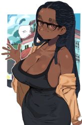 Rule 34 | 1girl, absurdres, belly, black dress, black hair, border, breasts, brown eyes, cleavage, closed mouth, collarbone, commentary, covered navel, cowboy shot, curvy, dark-skinned female, dark skin, day, dreadlocks, dress, english commentary, expressionless, freckles, gigi (whoopsatro), highres, huge breasts, jaggy lines, long hair, looking at viewer, off shoulder, original, outdoors, outline, outside border, parted hair, sideways glance, sleeveless, sleeveless dress, solo, speech bubble, thick eyebrows, tight clothes, tight dress, very long hair, waving, white border, white outline, whoopsatro