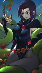 1girl beast_boy_(dc) black_leotard breasts cape colored_skin dc_comics forehead_jewel funi_xd grey_skin highleg highres large_breasts leotard purple_eyes purple_hair raven_(dc) short_hair sleeved_leotard smile solo sonichu teen_titans tentacles thighs