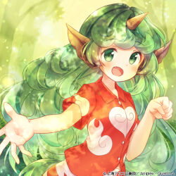 Rule 34 | 1girl, album cover, animal ears, aqua hair, buttons, check commentary, cloud print, collared shirt, commentary, commentary request, cover, curly hair, fang, forest, green eyes, heart, horns, kariyushi shirt, komano aunn, long hair, midriff, nature, official art, open mouth, outstretched arm, paw pose, pointy ears, reaching, reaching towards viewer, red shirt, sally (pacch0614), shirt, shorts, single horn, smile, tail, touhou, touhou cannonball, white shorts