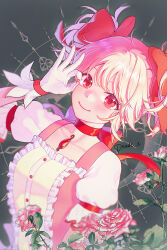 Rule 34 | 1girl, abstract background, arm at side, artist name, breasts, buttons, center frills, choker, closed mouth, collarbone, commission, eyelashes, flower, frilled sleeves, frills, gloves, grey background, hair between eyes, hair ribbon, hand on own face, hand up, kaname madoka, leaf, light blush, looking at viewer, magic circle, mahou shoujo madoka magica, mahou shoujo madoka magica (anime), ok sign, ok sign over eye, peave, pink eyes, pink flower, pink hair, pink rose, pixiv commission, puffy short sleeves, puffy sleeves, red choker, red ribbon, ribbon, ribbon choker, rose, short sleeves, short twintails, sidelighting, sidelocks, simple background, small breasts, smile, solo, soul gem, tareme, twintails, upper body, white gloves