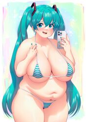 Rule 34 | 1girl, absurdres, aqua eyes, aqua hair, aqua nails, artist name, bikini, blush, border, breasts, cameltoe, cellphone, cleavage, cleft of venus, cloudxmoe, commentary, cowboy shot, english commentary, english text, fat, film grain, hair between eyes, hair ornament, hatsune miku, highres, holding, holding phone, huge breasts, iphone, large breasts, long hair, looking at viewer, micro bikini, multicolored background, navel, open mouth, outside border, phone, plump, revision, smartphone, solo, string bikini, striped bikini, striped clothes, swimsuit, tareme, thick arms, thick thighs, thighs, twintails, v, veins, veiny breasts, very long hair, vocaloid, white border