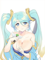 Rule 34 | 1girl, blue eyes, blue hair, breasts, cleavage, dakun, dress, large breasts, league of legends, smile, solo, sona (league of legends), twintails, ward (league of legends)