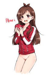 Rule 34 | 1girl, :d, blush, bottomless, bow, brown bow, brown hair, character name, collarbone, collared jacket, cowboy shot, cropped legs, food, fruit, hair bow, hamao, holding, holding food, holding fruit, idolmaster, idolmaster cinderella girls, jacket, long hair, long sleeves, open mouth, red eyes, red jacket, simple background, sketch, smile, solo, standing, swept bangs, track jacket, tsujino akari, very long hair, white background, wing collar