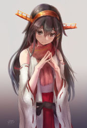 Rule 34 | 1girl, bare shoulders, black hair, blush, breasts, brown eyes, brown hair, closed mouth, detached sleeves, fingers together, gradient background, hair between eyes, hair ornament, hairband, hairclip, haruna (kancolle), haruto (harut n), headgear, highres, japanese clothes, kantai collection, large breasts, long hair, looking at viewer, multiple girls, nontraditional miko, open mouth, sash, scarf, sidelocks, signature, simple background, skirt, smile, thighhighs, twitter username