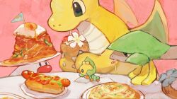 Rule 34 | animal focus, aomidori iro, bright pupils, closed mouth, coconut cup, commentary request, creatures (company), cup, dragon, dragon wings, dragonite, drinking, drinking straw, drinking straw in mouth, eating, flower, food, fried egg, game freak, gen 1 pokemon, gen 3 pokemon, gen 5 pokemon, gen 9 pokemon, green eyes, highres, holding, holding cup, hot dog, nintendo, no humans, on table, pasta, plate, plate on head, pokemon, pokemon (creature), sewaddle, sitting, spaghetti, table, tropius, white flower, white pupils, wiglett, wings