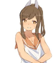 Rule 34 | 1girl, alchera, brown eyes, brown hair, hair ornament, hairclip, i-401 (kancolle), kantai collection, looking to the side, orange sailor collar, ponytail, sailor collar, sailor shirt, shirt, short hair, simple background, sleeveless, sleeveless shirt, solo, tan, upper body, white background