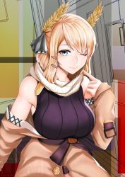 Rule 34 | 1girl, absurdres, alternate costume, azur lane, bare shoulders, black sweater, blonde hair, blue eyes, breasts, brown coat, buttons, closed mouth, coat, coat dress, finger to mouth, hair ornament, hair ribbon, hairclip, highres, indoors, large breasts, laurel crown, long hair, looking at viewer, off shoulder, one eye closed, ribbed sweater, ribbon, ryuzaki 71, scarf, sidelocks, sitting, smile, solo, sweater, sweater vest, very long hair, victorious (azur lane), victorious (the goddess&#039; day off) (azur lane)