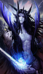 Rule 34 | 1boy, abs, animal, armor, bad id, bad pixiv id, bare pectorals, belt, bird, black hair, blue skin, closed mouth, cloud, cloudy sky, collarbone, colored skin, crack, danhu, demon boy, dual wielding, fingernails, glowing, glowing sword, glowing weapon, highres, holding, holding sword, holding weapon, horns, long hair, male focus, muscular, navel, original, outdoors, over shoulder, pauldrons, pectorals, pointy ears, shoulder armor, signature, sky, solo, sword, sword over shoulder, weapon, weapon over shoulder, yellow eyes