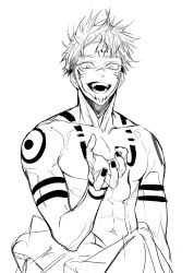 Rule 34 | 1boy, abs, arm tattoo, chest tattoo, collarbone, extra eyes, facial tattoo, fangs, fingernails, forehead tattoo, grey background, greyscale, hatching (texture), highres, itadori yuuji, jujutsu kaisen, lomizuki, male focus, messy hair, monochrome, muscular, muscular male, navel, open mouth, ryoumen sukuna (jujutsu kaisen), shoulder tattoo, simple background, sketch, solo, tattoo, topless male