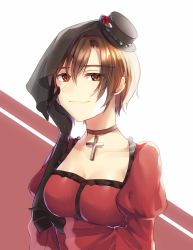 Rule 34 | 1girl, akujiki musume conchita (vocaloid), aryuma772, banica conchita, black gloves, black hat, breasts, brown eyes, brown hair, cleavage, closed mouth, collarbone, cross, cross necklace, dress, elbow gloves, evillious nendaiki, flower, gloves, hair between eyes, hat, hat flower, highres, jewelry, long sleeves, medium breasts, meiko (vocaloid), mini hat, necklace, red background, red dress, red flower, rose, short hair, smile, solo, two-tone background, upper body, veil, vocaloid, white background