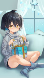 Rule 34 | 1girl, :o, artist name, bike shorts, black hair, black shorts, blue hair, blue socks, colored inner hair, commentary, couch, english commentary, gift, grey sweater, highres, holding, holding gift, indian style, long sleeves, looking at viewer, mitake eil, multicolored hair, on couch, original, ribbed sweater, short hair, short shorts, shorts, signature, sitting, socks, solo, string of flags, sweater, turtleneck, two-tone hair, window, yellow eyes