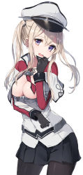 Rule 34 | 10s, 1girl, absurdres, black gloves, black pantyhose, black ribbon, black skirt, blonde hair, breasts, capelet, cleavage, collarbone, convenient censoring, covered erect nipples, cowboy shot, gloves, graf zeppelin (kancolle), grey background, hair between eyes, hair tie, has bad revision, hat, head tilt, highres, kantai collection, long hair, looking at viewer, md5 mismatch, medium breasts, military, military uniform, miniskirt, necktie, no bra, open mouth, pantyhose, peaked cap, pleated skirt, purple eyes, red necktie, resolution mismatch, ribbon, rurikoma, shiny skin, sidelocks, simple background, skirt, solo, source smaller, standing, tareme, torn clothes, two side up, uniform, wavy mouth, white hat
