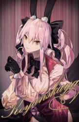 Rule 34 | 1girl, absurdres, animal ear fluff, animal ears, black bow, black gloves, bow, breasts, character name, collared shirt, corset, dress shirt, unworn eyewear, fate/grand order, fate (series), fox tail, glasses, gloves, hair between eyes, hair bow, highres, huge filesize, koyanskaya (fate), large breasts, long hair, long sleeves, looking at viewer, pink hair, rabbit ears, raywallin, shirt, sidelocks, smile, solo, tail, tamamo (fate), twintails, underbust, white shirt, yellow eyes