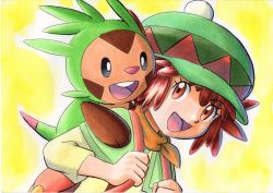Rule 34 | 1girl, :d, backpack, bag, brown hair, capelet, chespin, commentary, creatures (company), eyelashes, game freak, gen 6 pokemon, green capelet, green headwear, hands up, hat, highres, holding strap, mairin (pokemon), nintendo, oka mochi, open mouth, orange bag, orange eyes, pokemon, pokemon (anime), pokemon (creature), pokemon on back, pokemon xy (anime), shirt, short hair, smile, tongue, traditional media, upper body, yellow background, yellow shirt