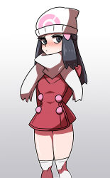 Rule 34 | 1girl, arms behind back, beanie, black hair, blush, closed mouth, coat, commentary, creatures (company), dawn (pokemon), eyelashes, game freak, gradient background, grey eyes, hair ornament, hairclip, hat, legs together, long hair, looking at viewer, nintendo, omoitsuka, outline, over-kneehighs, pokemon, pokemon dppt, pokemon platinum, red coat, scarf, shiny skin, sidelocks, solo, sweatdrop, thighhighs, white hat, white scarf, white thighhighs