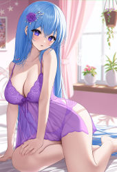 Rule 34 | 1girl, arm support, artist request, bare arms, bare shoulders, bed, blue hair, blurry, blush, breasts, camisole, cleavage, crossed bangs, curtains, dappled sunlight, day, depth of field, emori miku, feet out of frame, flower, hair between eyes, hair flower, hair ornament, hand on own thigh, highres, indoors, kohanayuki, lace trim, leaning to the side, liver city, long hair, looking at viewer, medium breasts, on bed, panties, parted lips, picture frame, plant, potted plant, purple camisole, purple eyes, purple flower, purple rose, rose, second-party source, see-through, side slit, sidelocks, sitting, solo, spaghetti strap, strap gap, sunlight, thighs, underwear, very long hair, window, yokozuwari