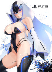 Rule 34 | 1girl, bad id, bad pixiv id, bare shoulders, black gloves, black hair, black thighhighs, blue eyes, blush, body writing, breasts, cleavage, colored skin, control stick, covered navel, detached sleeves, game console, gloves, gradient hair, grin, hair between eyes, hair ornament, highleg, ikuchan kaoru, large breasts, leotard, long hair, looking at viewer, multicolored hair, multicolored skin, original, playstation 5, popped collar, product girl, ps5 chan, revision, smile, sony, thighhighs, thighs, white hair, white sleeves