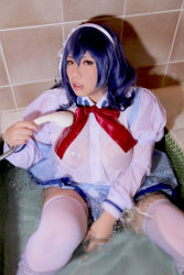 Rule 34 | blue hair, breasts, chouzuki maryou, cosplay, hairband, large breasts, naughty face, photo (medium), plump, red eyes, seikon no qwaser, thick thighs, thighhighs, thighs, wet, wet clothes, yamanobe tomo