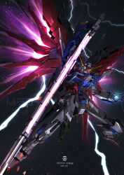 Rule 34 | absurdres, brayanong999, character name, commentary, destiny gundam, energy sword, eye trail, full body, glowing, glowing eyes, glowing hand, green eyes, gundam, gundam seed, gundam seed destiny, highres, holding, holding sword, holding weapon, legs apart, light particles, light trail, lightning, looking at viewer, mecha, mecha focus, mechanical wings, mobile suit, no humans, open hand, robot, science fiction, solo, sword, v-fin, weapon, wings