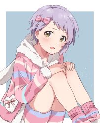 Rule 34 | blush, bow, commentary request, dot nose, hair bow, hands on own knees, heart, hood, hooded pajamas, idolmaster, idolmaster million live!, knokzm, long sleeves, looking at viewer, makabe mizuki, pajamas, parted lips, pink bow, pink pajamas, pink ribbon, purple hair, ribbon, short hair, shorts, simple background, sitting, socks, solo, striped clothes, striped pajamas, striped socks, yellow eyes