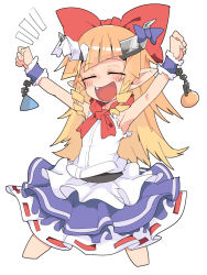 Rule 34 | 1girl, nanashi inc., alternate horns, armpits, arms up, blonde hair, blush, bow, chain, closed eyes, commentary request, cookie (touhou), cowboy shot, hair bow, highres, horn bow, horn ornament, horns, ibuki suika, long hair, neckerchief, open mouth, orb, purple bow, purple skirt, pyramid (geometry), red bow, red neckerchief, shirt, shishio chris, simple background, skirt, sleeveless, smile, solo, sugar lyric, tomatojam, touhou, virtual youtuber, voice actor connection, white background, white shirt, wrist cuffs, yuyusu (cookie)