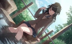 Rule 34 | 1girl, amochin, arm support, ashiyu, black hair, blue necktie, blue skirt, blue sky, blurry, blurry background, blush, breasts, brown cardigan, brown jacket, bush, cardigan, cloud, day, dot nose, dutch angle, hand up, idolmaster, idolmaster shiny colors, jacket, kazano hiori, long hair, long sleeves, looking at viewer, mole, mole under mouth, mountain, necktie, onsen, parted lips, plaid, plaid skirt, pleated skirt, ponytail, purple eyes, school uniform, shirt, skirt, sky, small breasts, smile, soaking feet, solo, steam, striped necktie, tree, water, white shirt