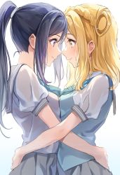Rule 34 | 2girls, blonde hair, blouse, blue neckwear, breast press, closed mouth, eye contact, forehead-to-forehead, from side, grey sailor collar, grey skirt, hair rings, hand on another&#039;s waist, heads together, highres, hug, long hair, looking at another, love live!, love live! sunshine!!, matsuura kanan, multiple girls, noses touching, ohara mari, ponytail, purple eyes, purple hair, sailor collar, school uniform, serafuku, shirt, short sleeves, simple background, skirt, smile, symmetrical docking, white background, white shirt, yellow eyes, yuri, zattape