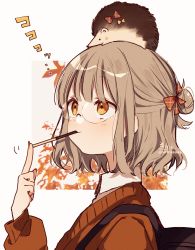 Rule 34 | 1girl, absurdres, animal, animal on head, backpack, bag, blush, bow, brown eyes, brown hair, closed mouth, collared shirt, commentary, eating, food in mouth, glasses, grey background, hair bow, hair bun, hedgehog, highres, jacket, on head, original, plaid, plaid bow, pocky day, red bow, red jacket, shirt, signature, simple background, single hair bun, sofra, solo, twitter username, upper body, white shirt