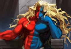 Rule 34 | 1boy, abs, biceps, blonde hair, capcom, colored skin, conto, deltoids, forehead jewel, frown, gill (street fighter), head rest, long hair, male focus, multicolored skin, muscular, muscular male, obliques, pectorals, sitting, solo, street fighter, street fighter iii (series), throne, two-tone skin, upper body, yellow eyes