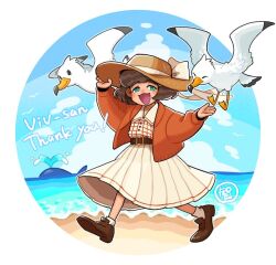 Rule 34 | 1girl, beach, belt, bird, blush, bow, brown footwear, brown hair, commission, day, green eyes, hat, hat bow, hat ribbon, looking at viewer, onosanlove, open mouth, original, outdoors, pleated skirt, ribbon, seagull, short hair, skeb commission, skirt, smile, socks, solo, sun hat, white bow, white ribbon, white skirt, white socks