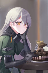 Rule 34 | 1girl, black gloves, blurry, blurry background, cake, candy, character name, chocolate, chocolate bar, closed mouth, commission, dessert, doughnut, elbow rest, food, fork, girls&#039; frontline, gloves, green jacket, hair behind ear, hair between eyes, happy birthday, head on hand, head rest, highres, holding, jacket, long hair, long sleeves, looking at viewer, mg4 (girls&#039; frontline), mg4 (mod3) (girls&#039; frontline), pixiv commission, ranyu, sitting, solo, table, truffle, upper body, yellow eyes