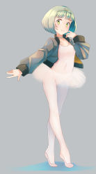 Rule 34 | 1girl, blush, breasts, closed mouth, colored shadow, comah, covered navel, green eyes, green hair, grey background, grey jacket, highres, jacket, leotard, long sleeves, open clothes, open jacket, original, pantyhose, puffy long sleeves, puffy sleeves, see-through, shadow, shoes, short hair, sleeves past wrists, small breasts, smile, solo, standing, tiara, tiptoes, white footwear, white leotard, white pantyhose