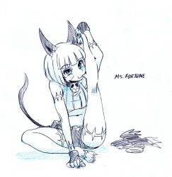 Rule 34 | 1girl, animal ears, barefoot, blue eyes, bob cut, breasts, cat ears, cat tail, commentary request, flexible, highres, kneepits, leg up, licking self, medium breasts, ms. fortune (skullgirls), nakahara kaihei, nakahara keihei, scar, short hair, shorts, sitting, sketch, skullgirls, smile, solo, spot color, tail, underboob