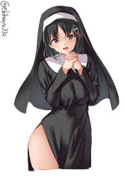 Rule 34 | 1girl, alternate costume, black dress, black eyes, black hair, blush, breasts, catholic, cowboy shot, dress, ebifurya, habit, haguro (kancolle), hair between eyes, hair ornament, highres, kantai collection, long sleeves, looking at viewer, medium breasts, nun, own hands clasped, own hands together, robe, short hair, simple background, solo, thighhighs, thighs, twitter username, white background, white thighhighs