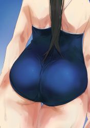 Rule 34 | 1girl, arms at sides, ass, ass focus, black hair, blue background, blue one-piece swimsuit, from behind, head out of frame, highres, long hair, one-piece swimsuit, original, ponytail, school swimsuit, simple background, sketch, solo, swimsuit, thigh gap, thighs, wachiwo, water, water drop, wet