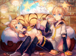 Rule 34 | 1boy, 1girl, :d, ahoge, arm support, black legwear, black shorts, blonde hair, blue eyes, brother and sister, collarbone, couch, detached sleeves, eating, food, hair between eyes, hair ribbon, holding, holding spoon, indoors, kagamine len, kagamine rin, leclle, looking at viewer, lying, neckerchief, necktie, on back, open mouth, red ribbon, ribbon, school uniform, serafuku, shirt, short hair, short ponytail, shorts, siblings, sitting, sleeveless, sleeveless shirt, smile, spoon, star (symbol), twins, vocaloid, white ribbon, white shirt, yellow neckerchief, yellow necktie