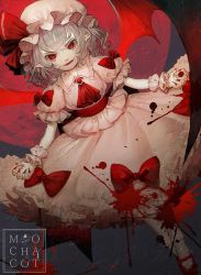 Rule 34 | 1girl, artist name, belt, blood, bow, collar, dress, dress bow, flying, gem, grey hair, grey sky, hair between eyes, hat, hat ribbon, highres, holding, jewelry, looking at viewer, mochacot, moon, nail polish, night, night sky, open mouth, puffy short sleeves, puffy sleeves, red belt, red bow, red eyes, red footwear, red moon, red nails, red neckwear, red ribbon, remilia scarlet, ribbon, shoes, short hair, short sleeves, sky, smile, socks, solo, touhou, white collar, white dress, white hat, white sleeves, white socks, wings, wrist cuffs