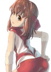 Rule 34 | 1girl, brown eyes, brown hair, commentary, elbow pads, from behind, girls und panzer, hand on own hip, headband, highres, kondou taeko, kuroneko douji, leaning forward, looking at viewer, looking back, medium hair, open mouth, red headband, red shirt, red shorts, shirt, short shorts, shorts, simple background, single vertical stripe, sleeveless, sleeveless shirt, smile, solo, sportswear, standing, volleyball uniform, white background