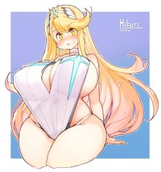 Rule 34 | 1girl, blonde hair, breasts, chest jewel, earrings, huge breasts, jewelry, long hair, mythra (radiant beach) (xenoblade), mythra (xenoblade), sachito, solo, swept bangs, thick thighs, thighs, tiara, very long hair, xenoblade chronicles (series), xenoblade chronicles 2, yellow eyes